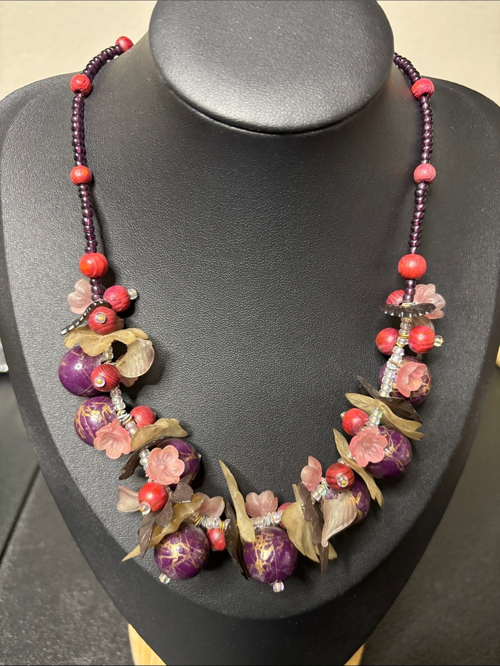 Vintage Acrylic Floral Beaded Mixed Media Cottage Necklace